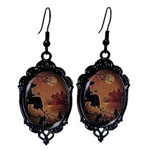 Gothic Mystery Witch Moon Cat Cameo Drop Hook Earrings Lace Frame Blk Orange NWT